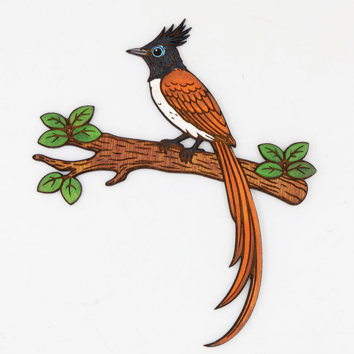 Hand-painted rufous morph bird wooden fridge magnet with leafy tree branch