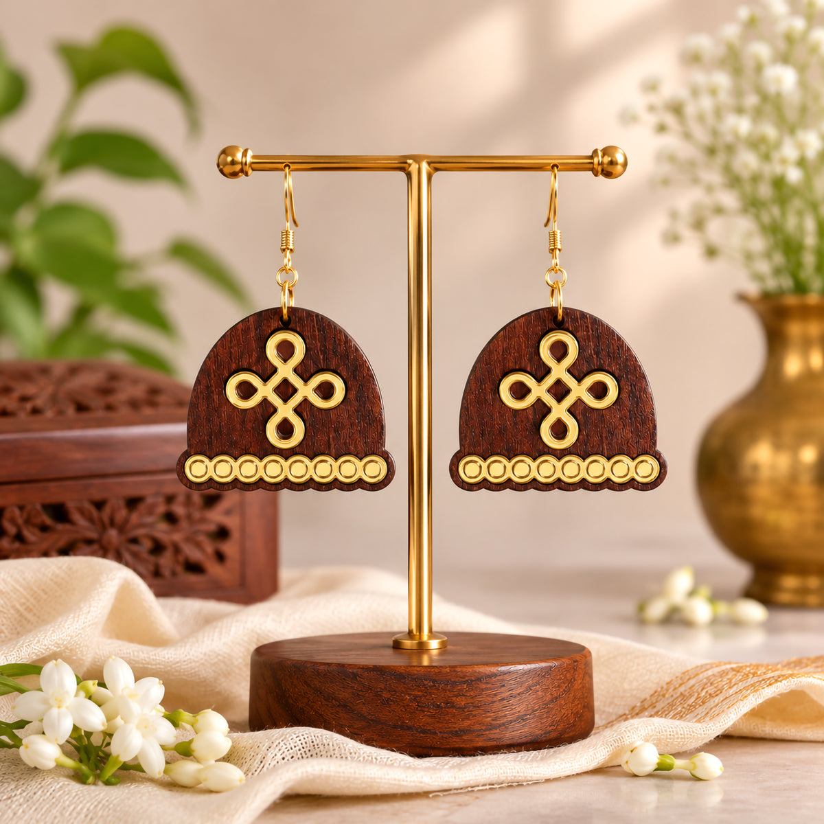 Dome-shaped wooden dangle earrings with gold kolam knot design and beaded trim, displayed on jewelry stand by Mekala Crafts