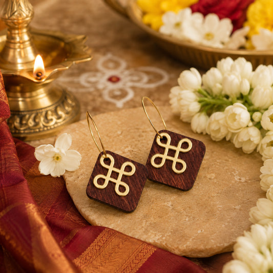 Square wooden kolam knot earrings with gold hoops, festive Indian jewelry by Mekala Crafts