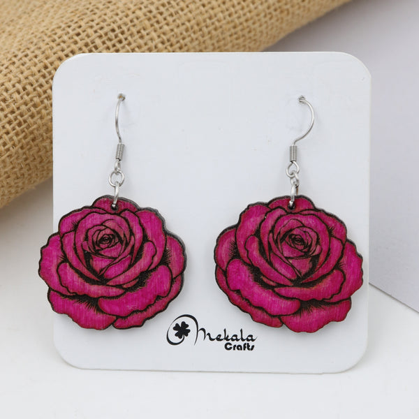 Magenta pink rose flower wooden dangle earrings with detailed layered petals, hand-painted, handmade by Mekala Crafts