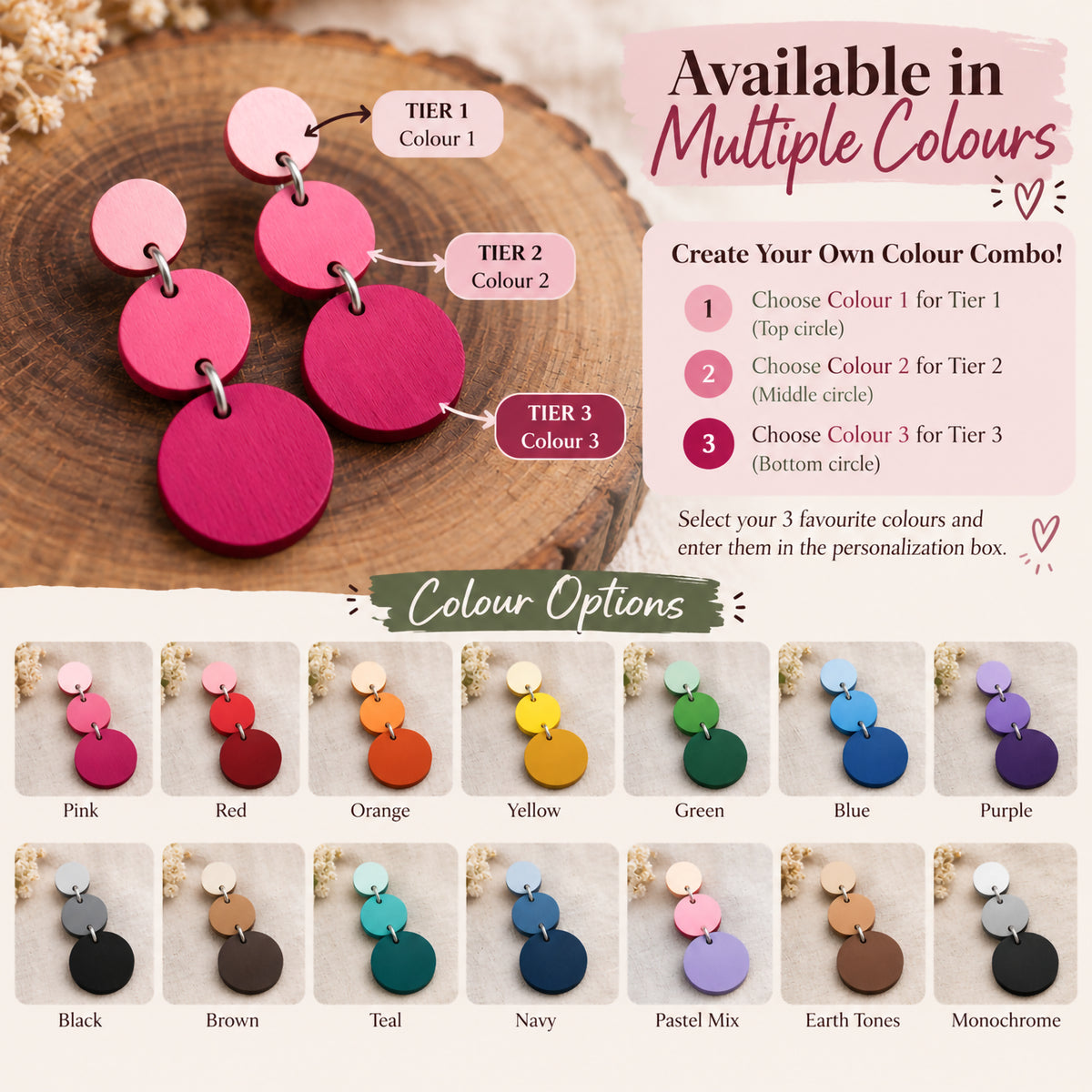 Ombre Wood Circle Tier Earrings – Natural Wood Cascading Round Dangle Earrings