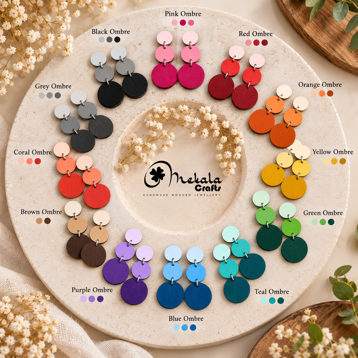 Ombre Wood Circle Tier Earrings – Natural Wood Cascading Round Dangle Earrings
