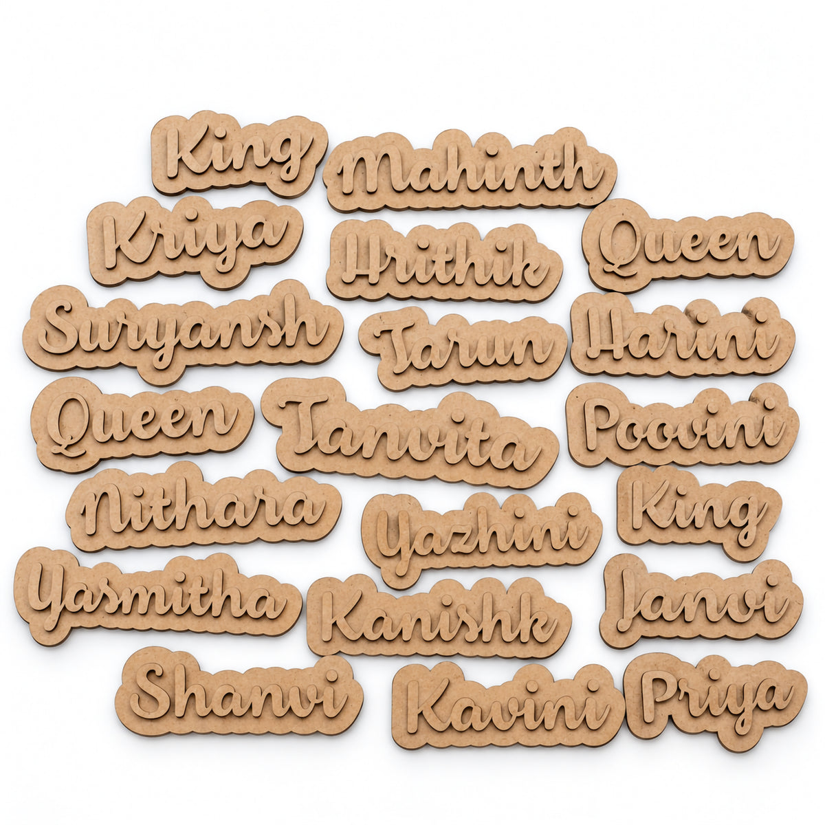 Personalized wooden name magnet DIY kit shown with a variety of custom name samples in cursive lettering