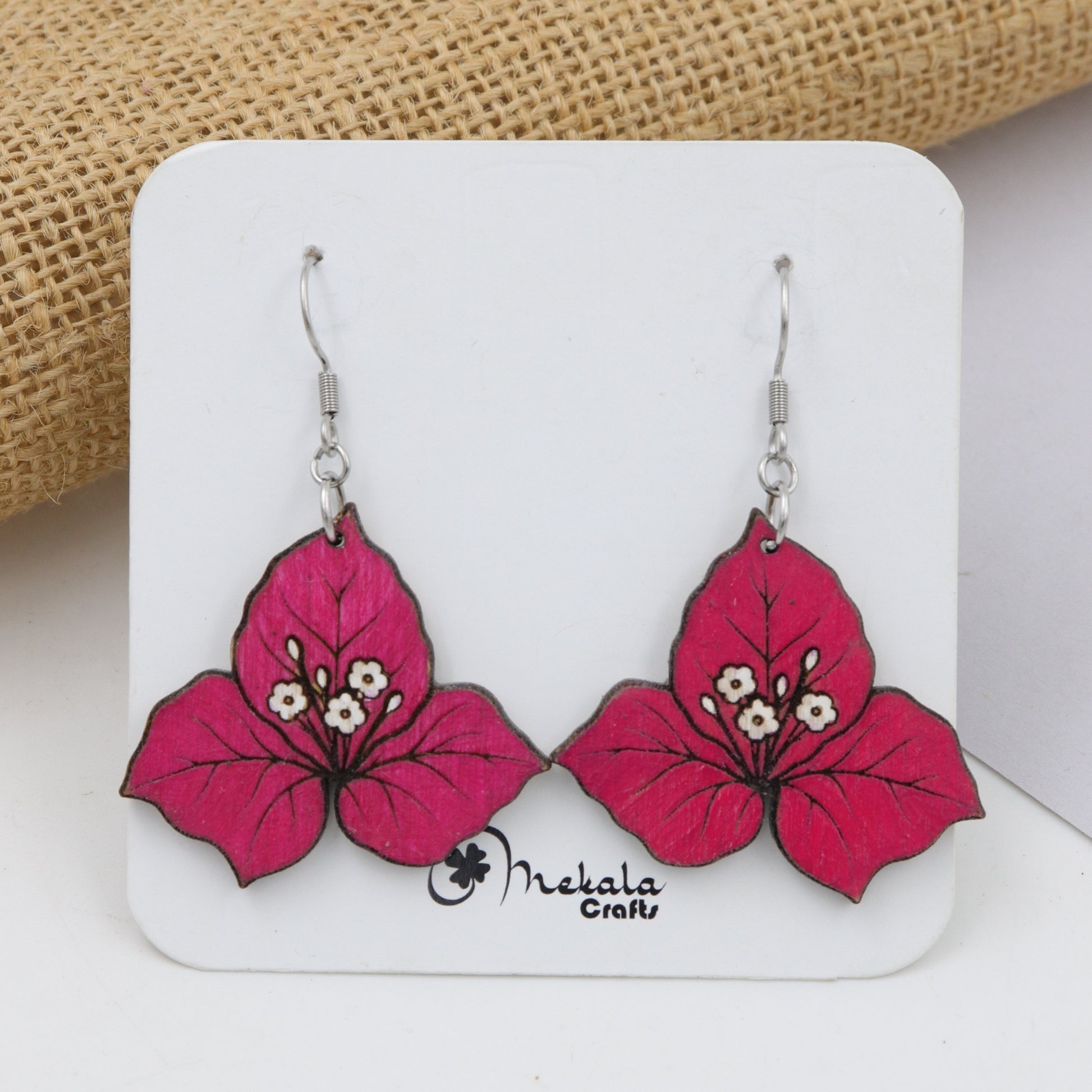 Pink bougainvillea flower wooden dangle earrings with tiny white center blooms, hand-painted, handmade by Mekala Crafts