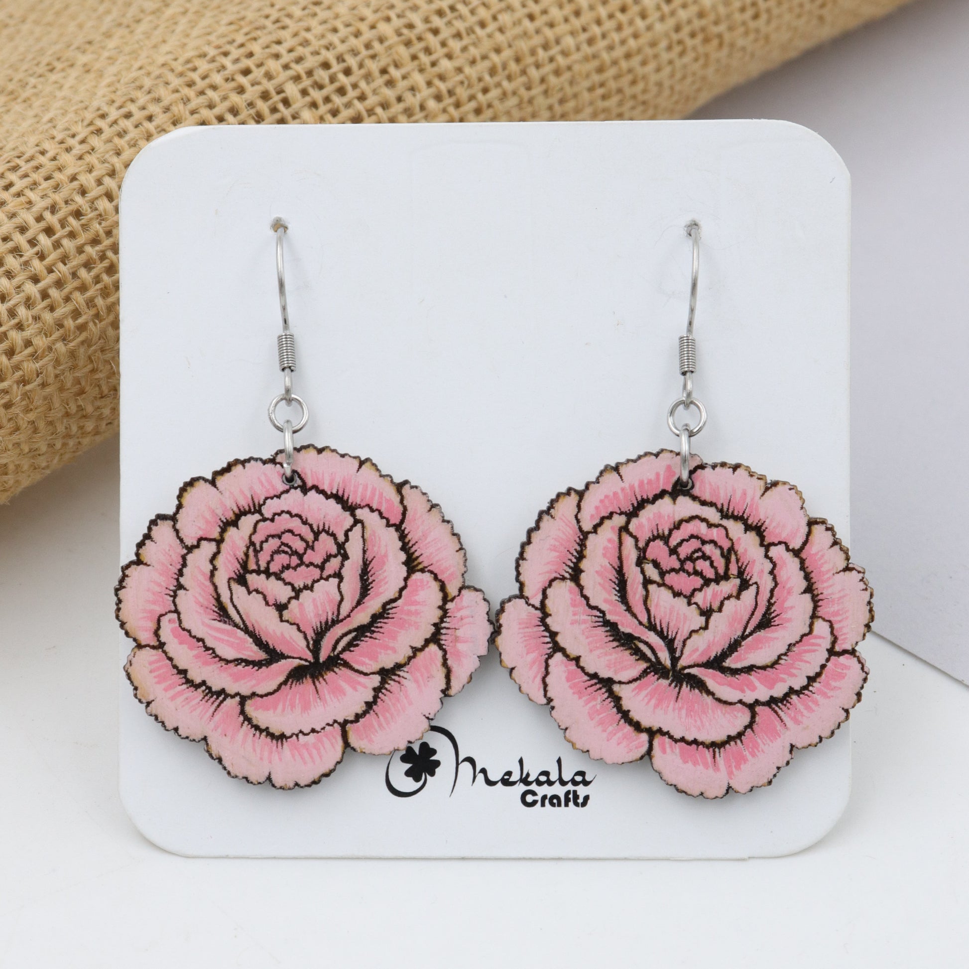 Pink carnation flower wooden dangle earrings with layered ruffled petals, hand-painted, handmade by Mekala Crafts