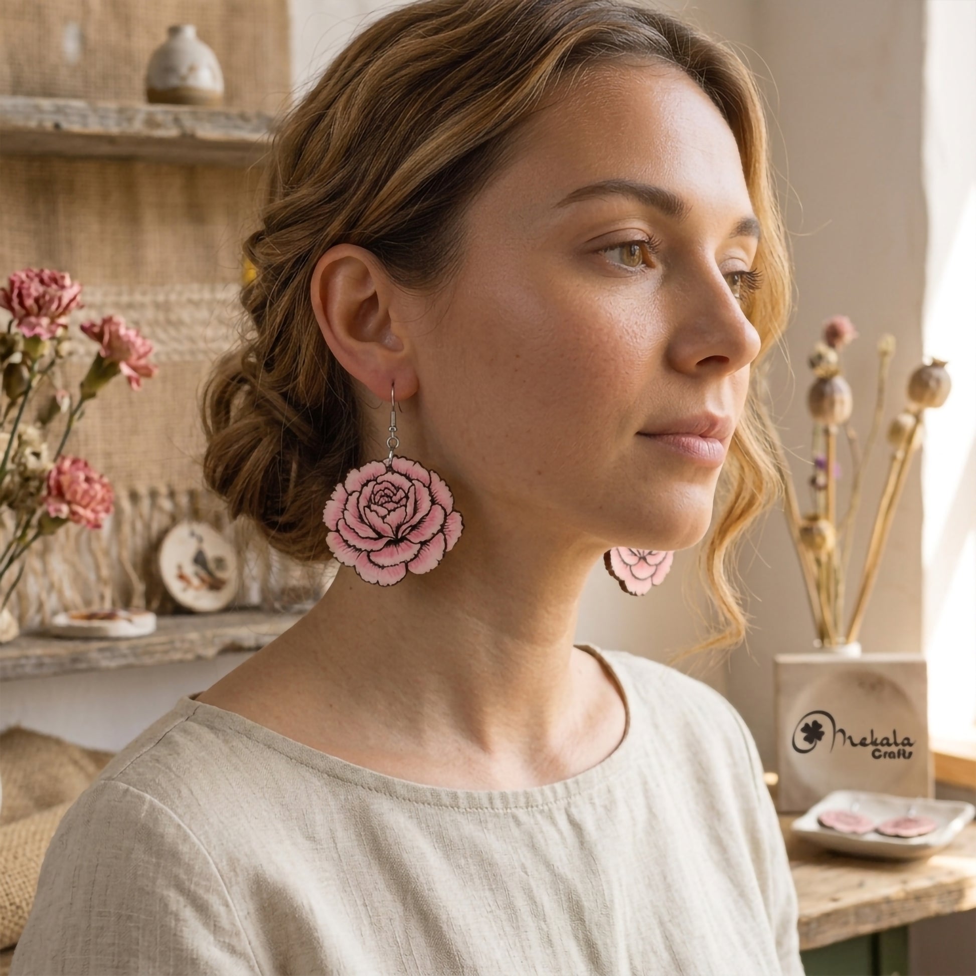 Woman wearing pink carnation flower wooden dangle earrings, handmade jewelry by Mekala Crafts