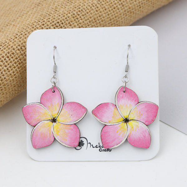 Pink plumeria flower wooden dangle earrings with yellow center, hand-painted, handmade by Mekala Crafts