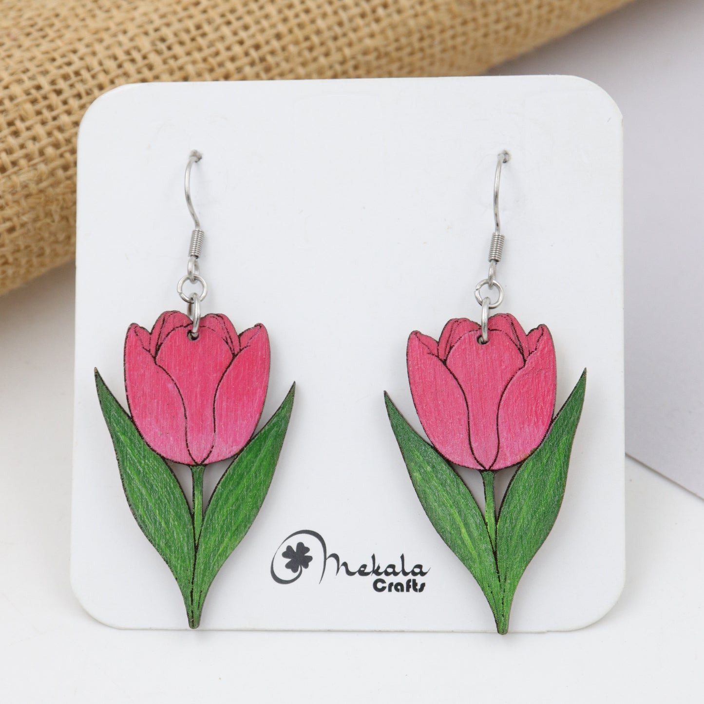 Pink tulip flower wooden dangle earrings with green leaves, hand-painted, handmade by Mekala Crafts