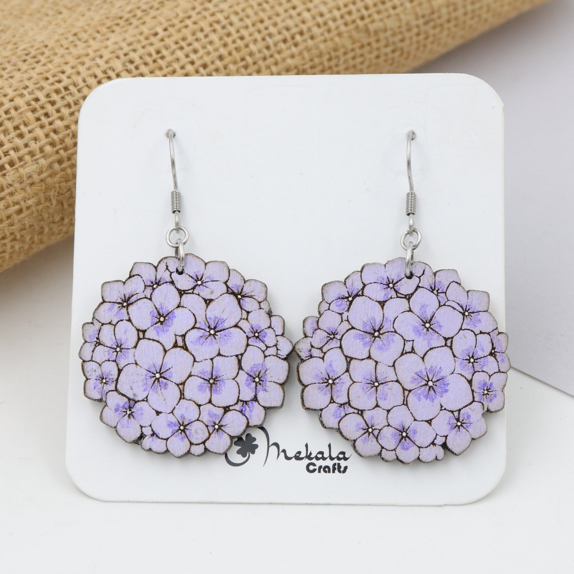 Purple hydrangea flower cluster wooden dangle earrings, hand-painted, handmade by Mekala Crafts