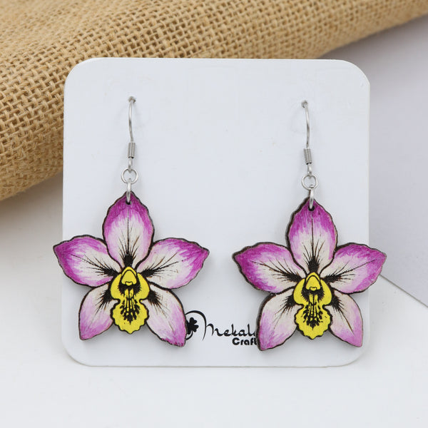 Purple orchid flower wooden dangle earrings with yellow center, hand-painted, handmade by Mekala Crafts