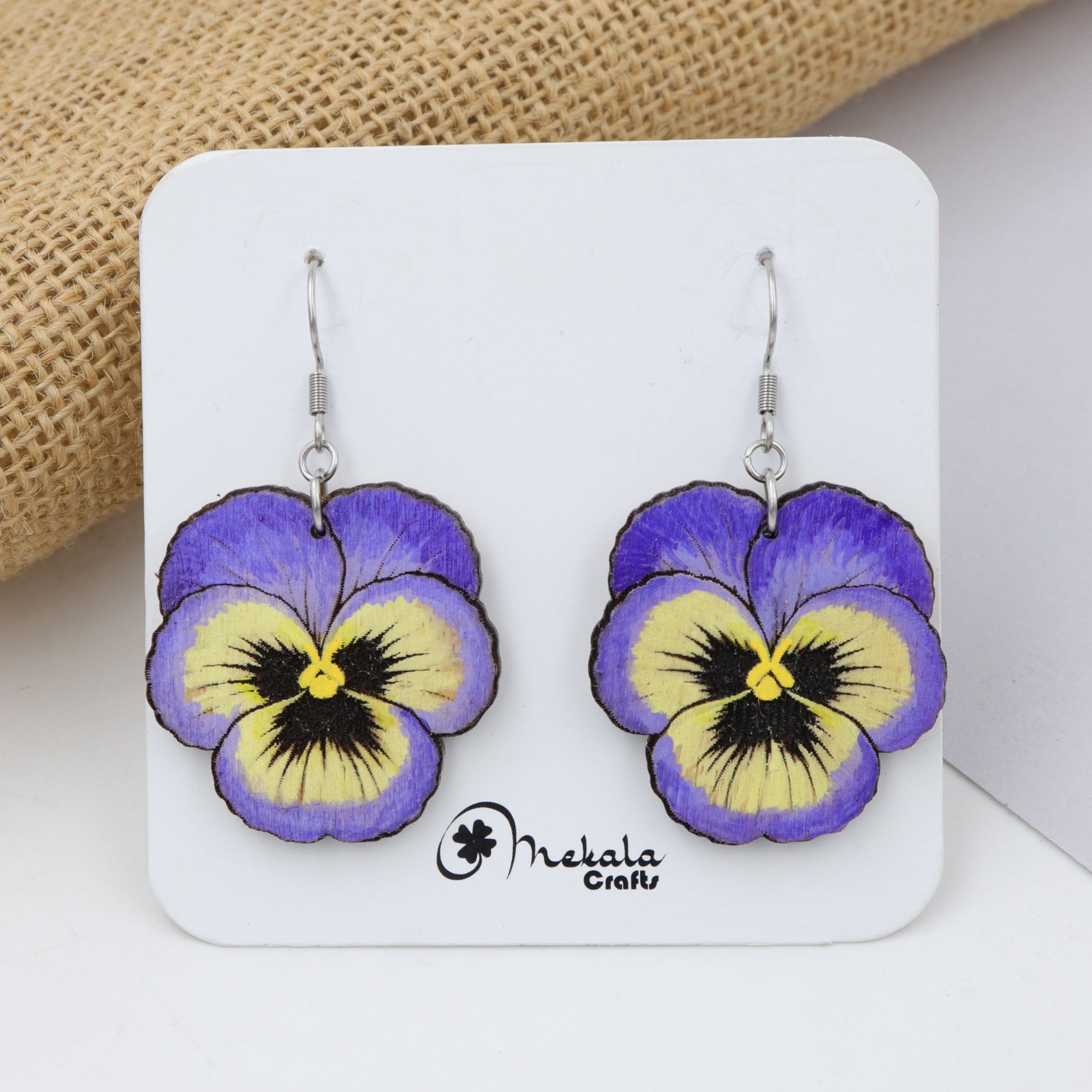 Purple and yellow pansy flower wooden dangle earrings, hand-painted, handmade by Mekala Crafts