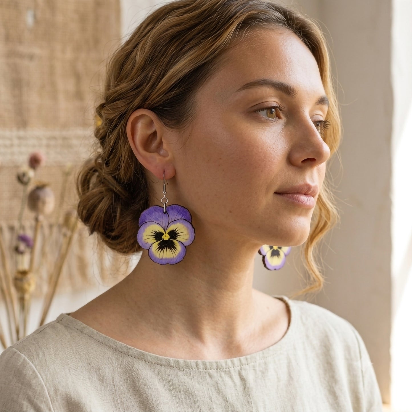 purple-pansy-wooden-earrings-model-wearing-mekala-crafts