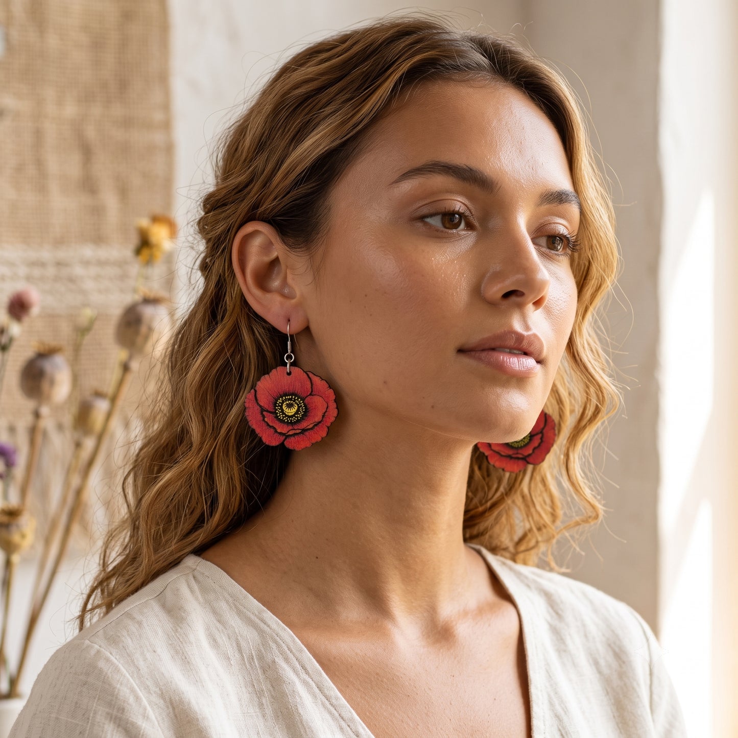 Red Poppy Flower Wooden Earrings – Hand Painted Floral Dangle Earrings