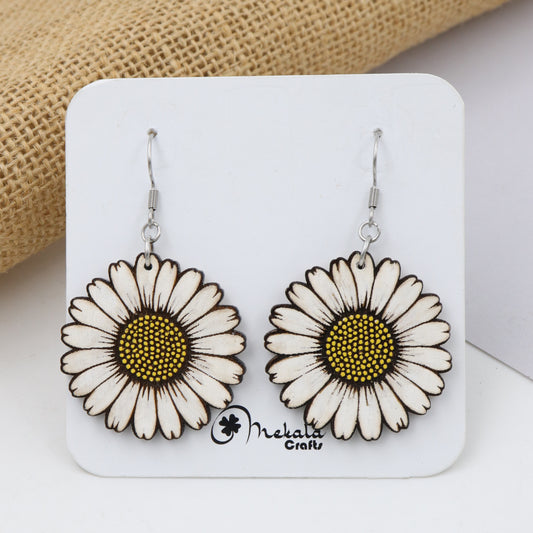 White Daisy Flower Wooden Earrings – Hand Painted Floral Dangle Earrings