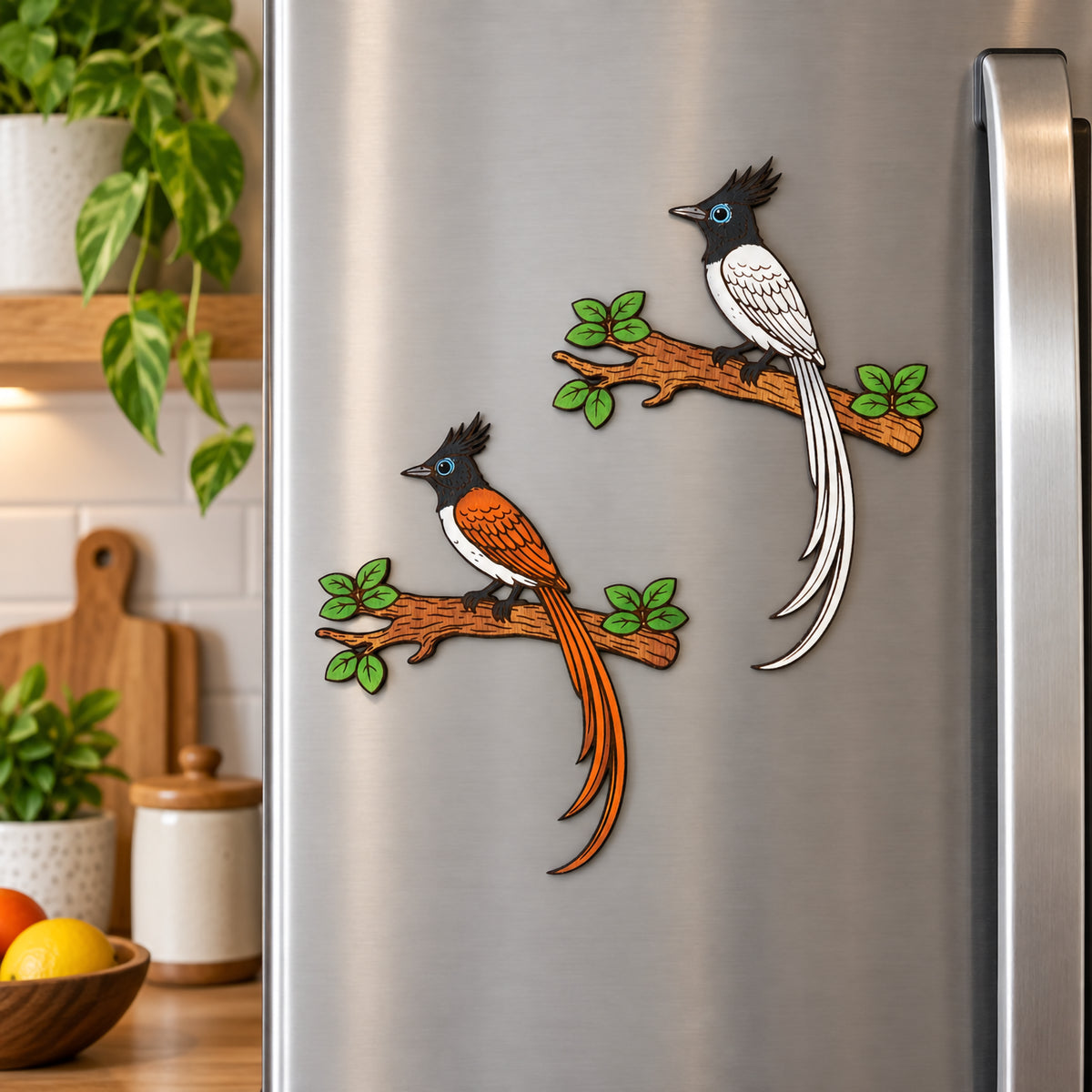 Hand-painted wooden bird fridge magnets in Rufous Cinnamon and White Morph displayed on a refrigerator