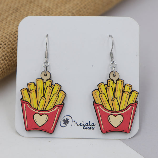 Hand-painted wooden french fries dangle earrings in red fry box with heart, handmade by Mekala Crafts