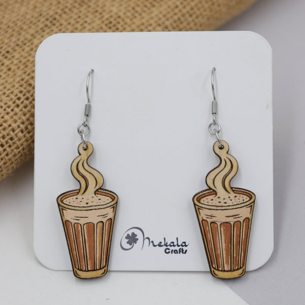 Hand-painted wooden masala chai glass dangle earrings with rising steam, handmade by Mekala Crafts