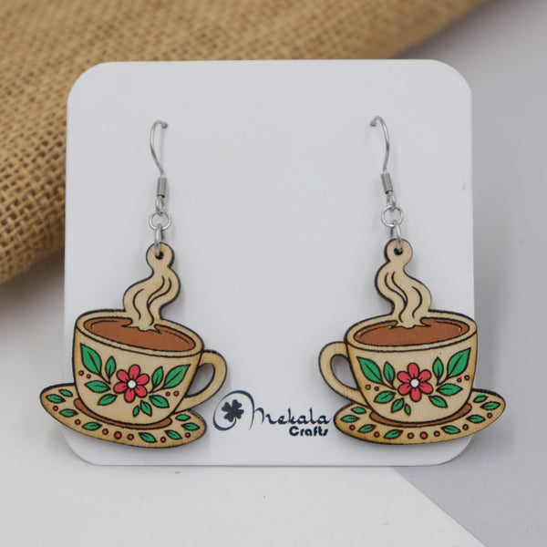 Hand-painted wooden tea cup dangle earrings with steam, floral design and saucer, handmade by Mekala Crafts