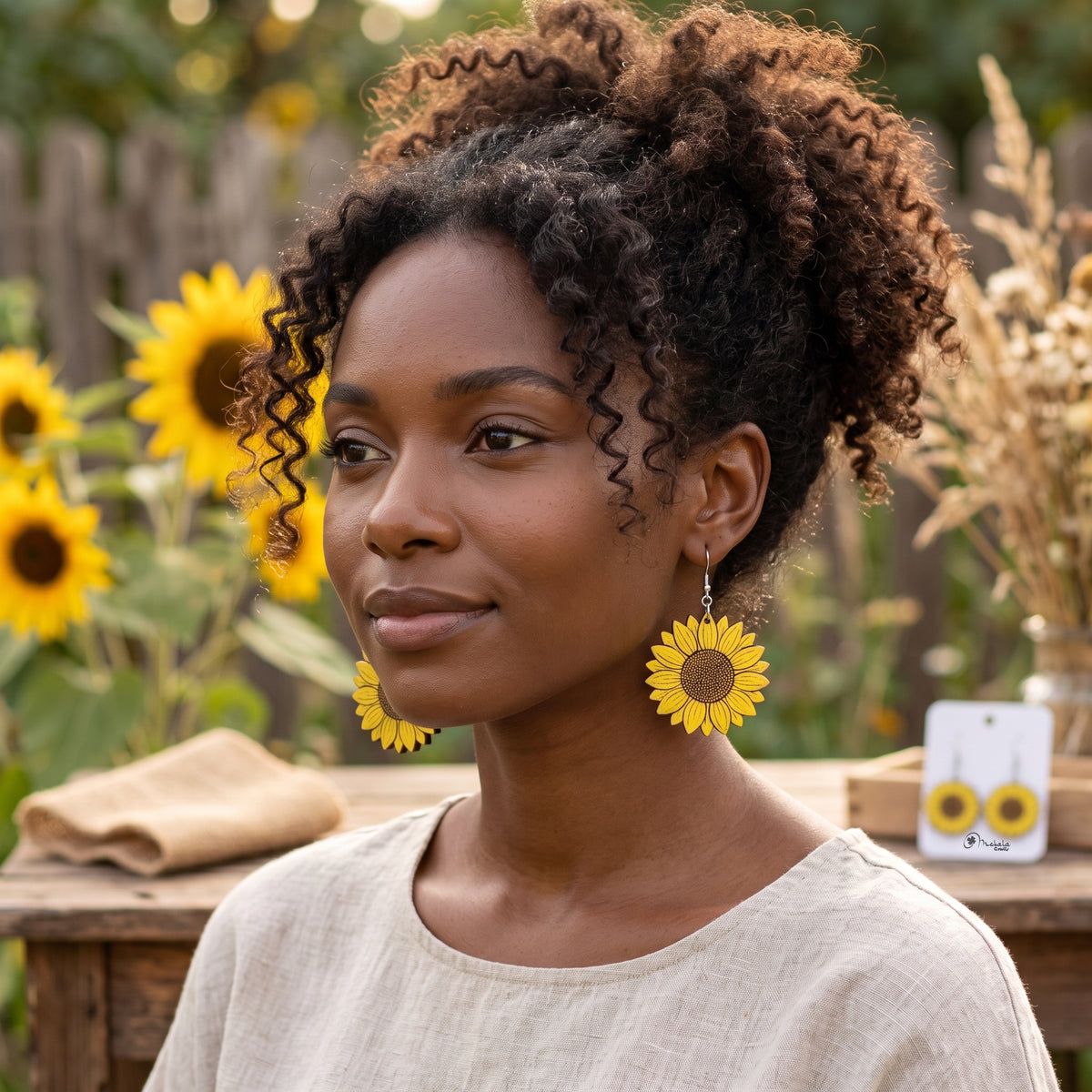 Woman wearing yellow sunflower wooden dangle earrings, handmade jewelry by Mekala Crafts
